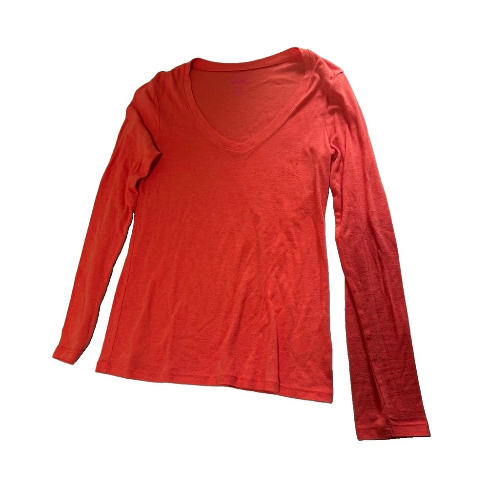Old Navy Women's M Orange Solid Knit Cotton V-Neck Long Sleeve Pullover T-Shirt